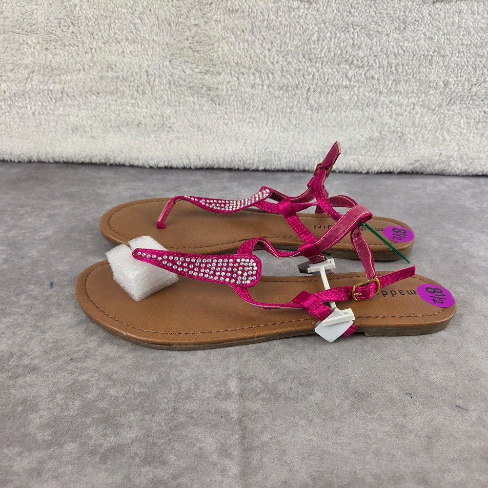 Madden Girl Womens Pink Rhinestone T-Strap Flat Thong Sandals Ankle Strap 8.5